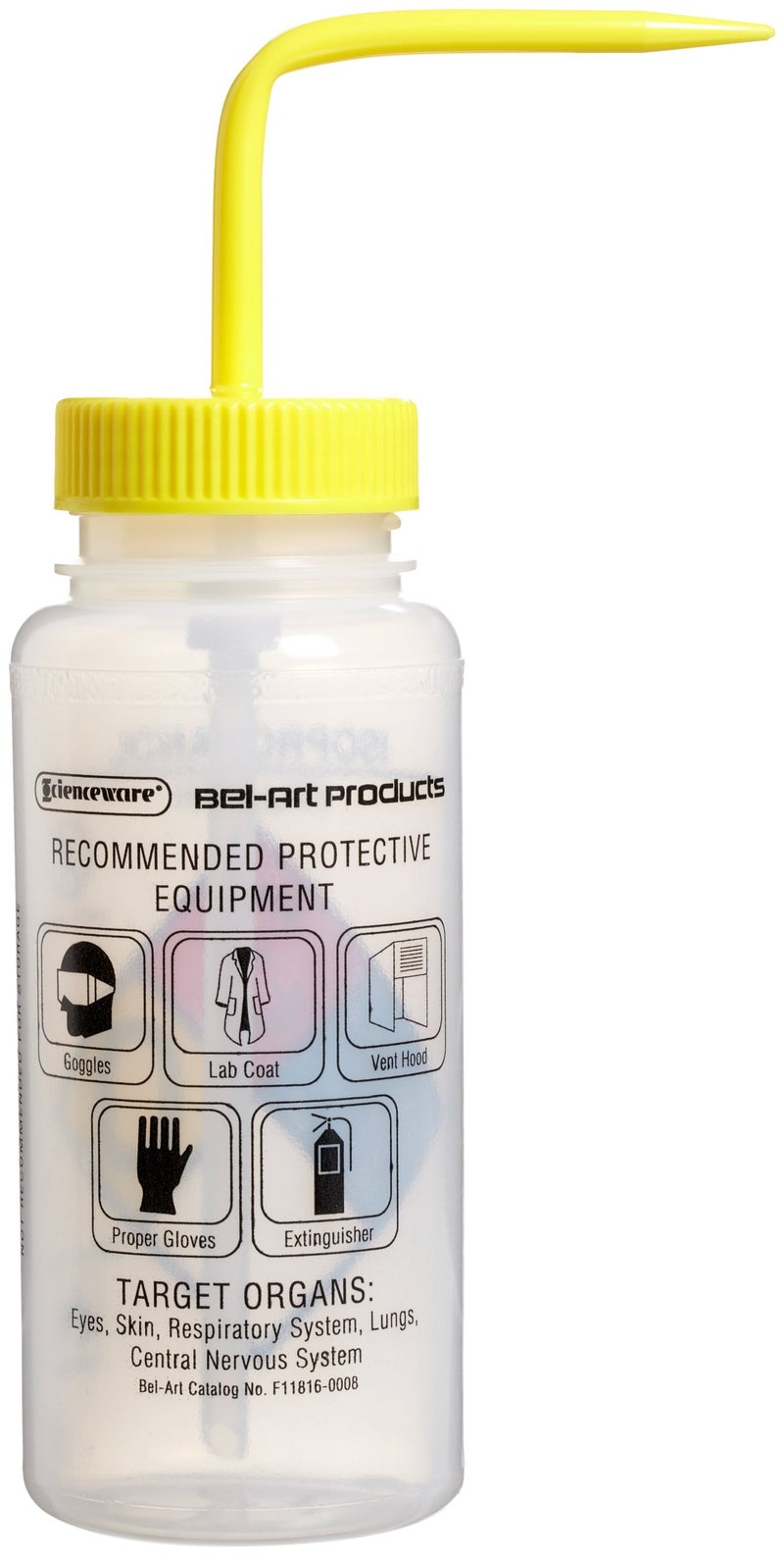 SP Scienceware SP Bel-Art Right-to-Know Safety-Vented/Labeled 4-Color Isopropanol Wide-Mouth Wash Bottles; 500ml (16oz), Polyethylene w/Yellow Polypropylene Cap (Pack of 4) (F11816-0008) - Image 2